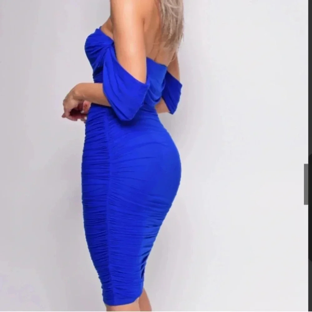 Nwt Emprada Kat Royal Blue Mesh Off Shoulder Dress Size Medium — image 7 of 8